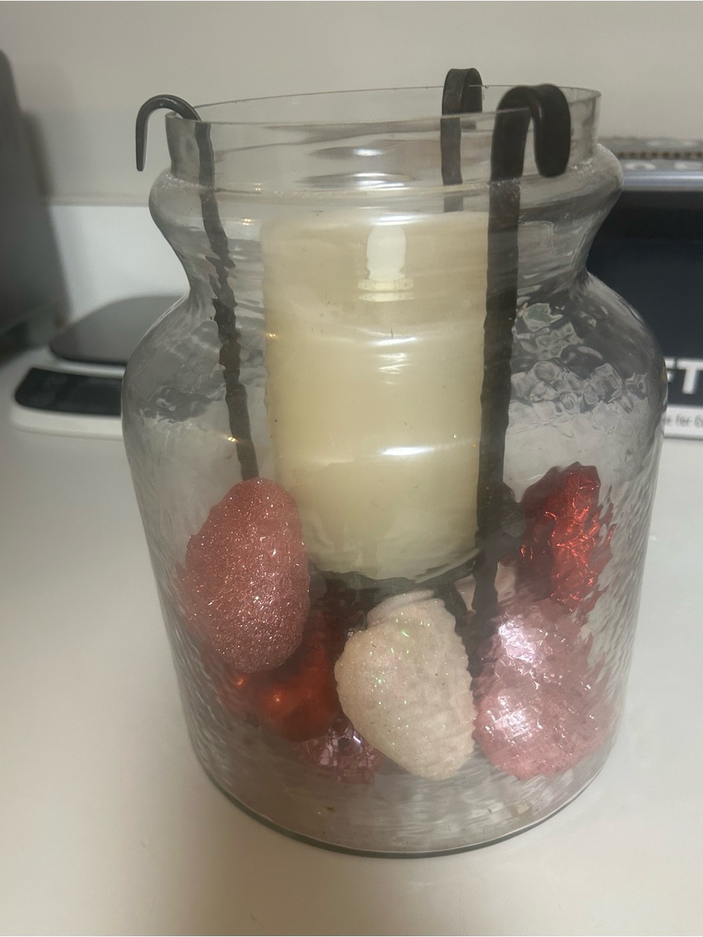 Pier 1 Clear Glass Lantern with Cream Candle and Pink Accents